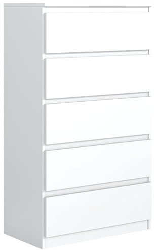 meble masztalerz Kommode Weiss Matt mit 5 Schubladen 70 cm, Sideboard Wohnzimmer, Kommode Schlafzimmer H: 124,5 cm, B: 70 cm, T: 39 cm Kommode mit Schubladen, Schubladenschrank