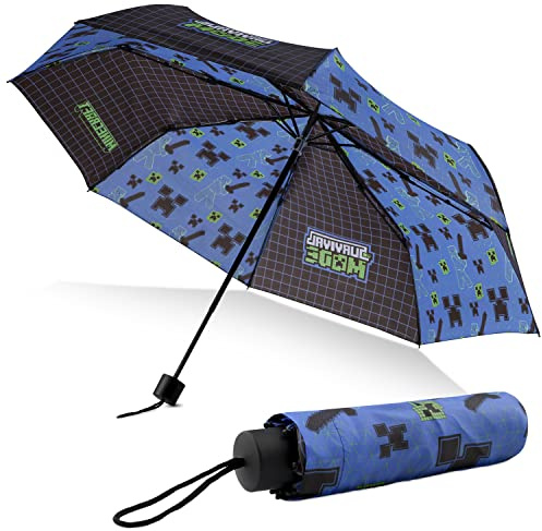Minecraft Paraguas Plegable Niños, Ligero y Telescópico - Accesorios de Viaje (Negro/Azul)