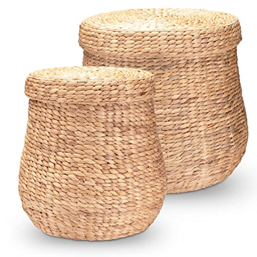 Decorasian Wäschekorb geflochten mit Deckel - groß und rund – großer Korb aus Wasserhyazinthe mit Henkel – Wäschesammler Rattan mit Griff - Aufbewahrung - Set 58cm + 46cm