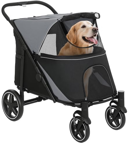 PawHut Dog Stroller for Large Medium Small Dogs up to 66 Lbs. 23.5 in Body Length, One-Click Foldable Pet Cat Stroller with Storage, Shock Absorption Wheels, Mesh Window, Safety Leash, Gray