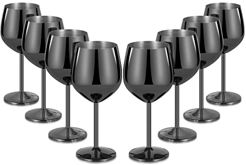 Lifecapido Weingläser aus Edelstahl, 530 ml, Weinkelch, schwarzes Metall, mit Tassenbürste, für Party, Büro, Hochzeit, Jahrestag, ideal für Rotwein, Weißwein, 8 Stück