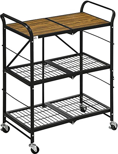 HOMCOM Servierwagen mit 3 Ebenen Küchenwagen mit Rollen Griff Küchenrollwagen mit Bremsen klappbar Küchenregal Allzweckwagen für Küche Büro Badezimmer, Braun+Schwarz