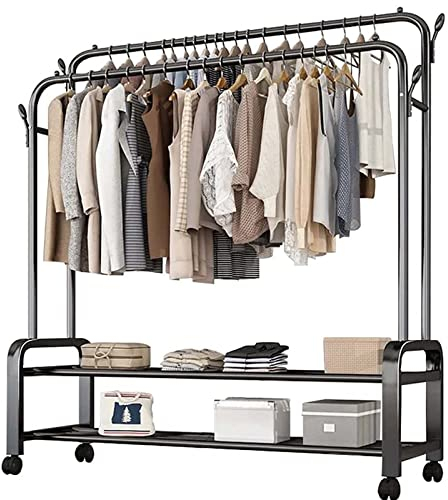 Schwerlast-Kleiderständer auf Rollen, stabile Metallgarderobe mit Rollen und 2 Kleiderstangen, modern, einfach zu montieren, belastbar bis 100kg (mit 2x Aufbewahrungstaschen, A-150cm).