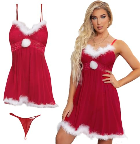 SPHERETRON Weihnachtskostüm Damen Set,Rotes Trägerkleid mit Weißem Pelzbesatz Regelmäßiger Hem,Weihnachtsoutfit Damen für Weihnachten,Karneval,Role Play,Maskerade Party usw.(L)