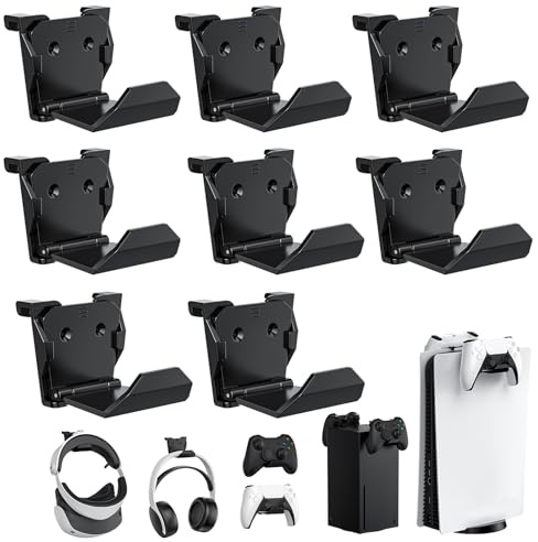 KUNSLUCK Lot de 8 supports muraux pour manettes PS5, Xbox, Switch, Support mural pour manettes et casques, Installation par adhésif/vis (noir)