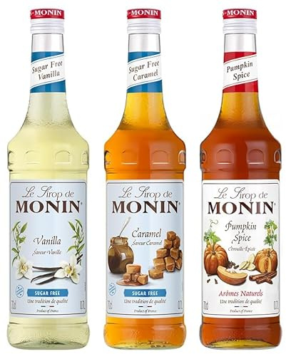 MONIN - Assortiment Vanille Sans Sucre + Caramel Sans Sucre + Sirop de Citrouille Saveur Epicée - Pour Café, Chocolat Chaud, Capuccino ou Latte - Arômes Naturels - Bouteille en Verre - 3 x 70 cl