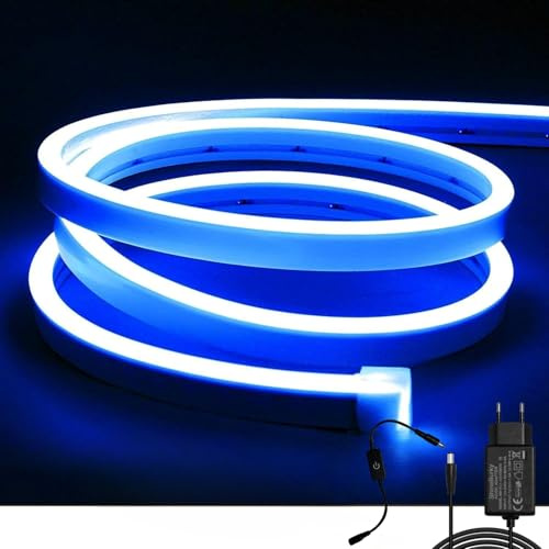 ShineBurky 5M Neon LED Strip Blau, 12V Neon LED Streifen Dimmbar Flexibel Wasserdicht IP65 Lichtleiste Silikon LED Neon Lichtband für Wohnzimmer Schlafzimmer Wand Deko DIY (Inklusive Netzteil)