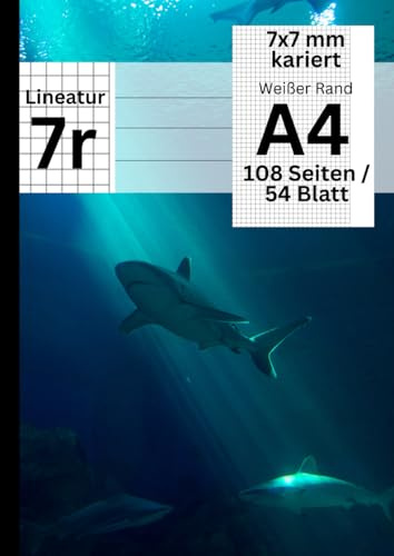XXL Schulheft - 108 Seiten / 54 Blatt, 7x7 mm kariert, weißer breiter Rand, A4, Lineatur 7r: Geeignet als Matheheft, Schreibheft, Übungsheft - Inspirierendes Hai Design