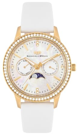 Rhodenwald & Söhne Damen Uhr Edelstahl Gelbgold Multifunktion(en) Quarzwerk | Echtleder Armband,weiß,Verziert mit Kristallen,Zifferblatt weiß,Mineralglas,Obélisque-Zeiger,3 ATM,Armbanduhr,analog,Frauen