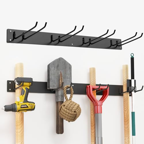 TANGZON Garden Tool Storage Rack, 36 Inch Wall Mount Tool Organizer with 4 Double Layer Hooks, Adjustable Garage Storage System Utility Tool Hanger for Warehouse Basement Workshop