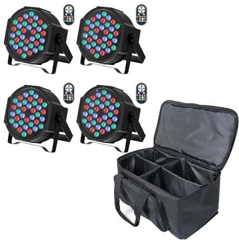 U`King 4 PCS RGB Lumiere de Scene avec Sac, 72W Par 36 LED Projecteur Jeux de Lumiere Eclairage Scene avec Télécommande et 7 Modes, Lumière Disco pour Fête DJ Bars Groupe Concerts Halloween Noël
