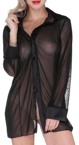 FUIPVGI Camicia Trasparente Sexy da Donna, Top a Maniche Lunghe, Pigiama Lingerie Sexy, Camicie Ampie, Camicia da Notte Negligé (Nero)