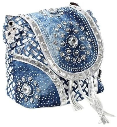 Alice Fan Denim-Tasche, Jeans-Tragetasche, modische Damen-Handtasche, multifunktionaler Rucksack, Schultertasche, glitzernde Diamanten und Quaste, silber, 8.3 inches, Multifunktionaler Denim-Rucksack