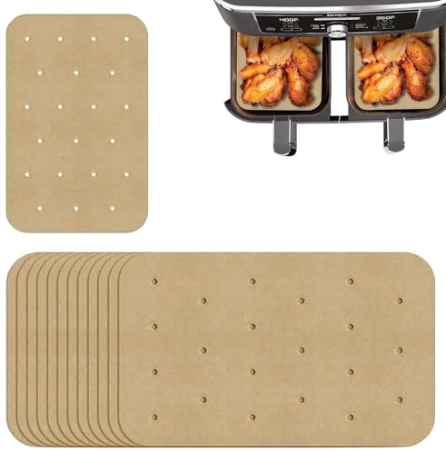 200 Air Fryer Liners, Non-Stick Perforated Parchment Rectangle Cooking Bake | Disposable baking sheets, dual material construction, ninja compatible, airflow hole design, unbleached paper, grease proof