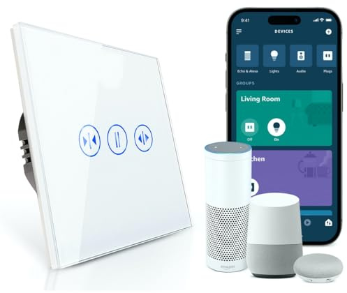 PULSAR WLAN Rolladenschalter Kompatibel mit Alexa, Google Home Weiß Glas, WiFi Smart Rolladenschalter Unterputz 1 Fach Timer, Wifi Touch Jalousieschalter SmartLife App Rolladensteuerung Alexa Zubehör