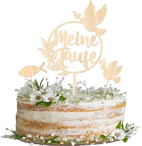 3 Stück Taufe Tortendeko Holz Kuchen Deko Fisch Taube Cake Toppers für Baby Dusche Junge Mädchen Thema Party Dekoration