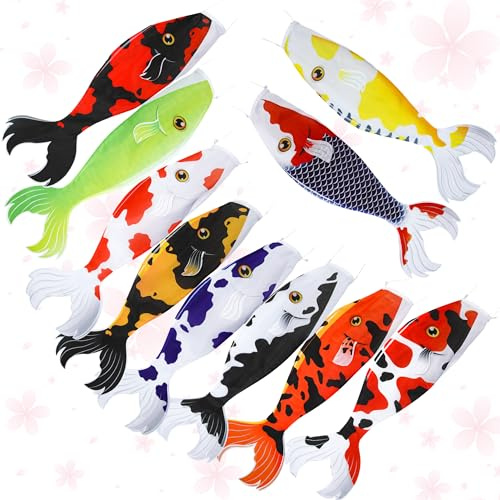 Boao 10 Pcs Japanese Carp Windsock Fish Flag Outdoor Decor, Cute | 15.7 Inch Kite Streamers for Garden, Backyard, Sushi Bar, Restaurant, Spring Summer Hanging Decor, Vibrant Fish Design