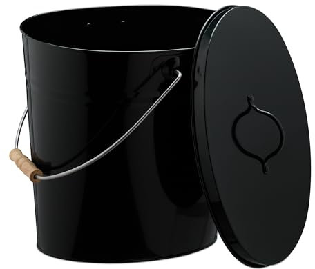 Relaxdays Secchio Raccogli Cenere con Coperchio, Cestello 12 L per Carbone e Bricchetti Camino e Stufa, Acciaio, Nero, Legno, Inox