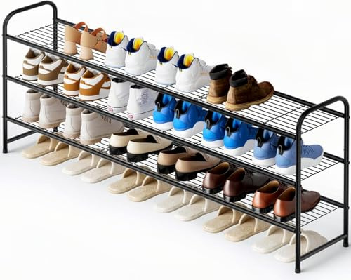 MISSLO Schuhregal 3 Ebenen Langes für Kleiderschrank, Metall Schuhablage, Breites Stapelbar Schuhorganizer mit Stabilen Drahtgitter für Schlafzimmer, Schwarz