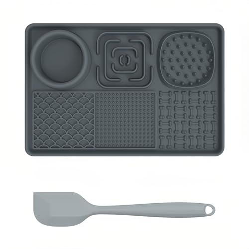 Lick Mat for Dogs, 3 in 1 Premium Dog Lick Mat, Slow Feeder Dog Bowls Silicone Feeding Mat for Peanut Butter Yogurt Lick Pad for Puppy Cat Pets Bathing Grooming Training Mat (Grey)