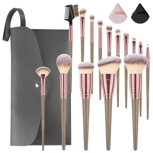 Vicloon Makeup Brushes, 15Pcs Professional Makeup Brushes Set with PU Leather Bag, 2pcs powder puff (cosmetics), Premium Synthetic Foundation Face Powder Concealers Eyeshadow Blush, Comfortable-Coffee