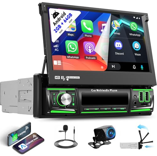 2GB+64GB 7 Flip Out 1 Din Car Stereo, Android 15 Single Din Touchscreen Bluetooth Car Radio with Wireless CarPlay & Android Auto, GPS, Manual Retractable Screen & Mirror Link