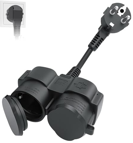 Doppelstecker für Steckdose, Doppelsteckdose Außen Verlängerungskabel Doppelstecker, Schuko-Doppelstecker, Wasserdicht lP44 für Garten, Küche,Schwarz