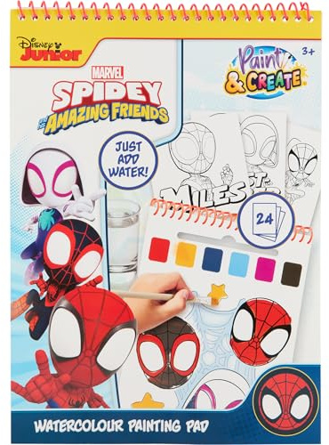 Disney Junior Spidey och Hans Fantastiska Vänner - Målarbok med Vattenfärger och Pensel - 24 Akvarellbilder - Från 3 År (SP24355)