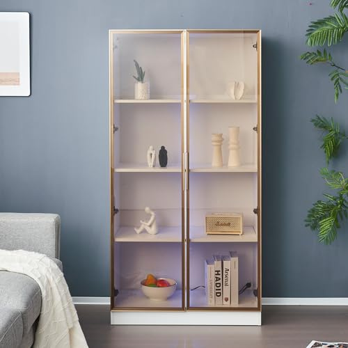 Wiuzo Glasvitrine mit 16-Farbiger LED-Beleuchtung, doppeltürige Vitrine mit beweglichen Einlegeböden,Hochschrank,für Wohnzimmer, Standvitrine,Badezimmerschrank, 80X40X160cm