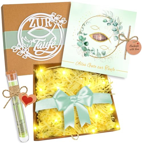 Taufe Geschenk, Taufgeschenke für Jungen und Mädchen mit Geschenkbox, Taufe Karte, Raffia, Reagenzglas, Lichterketten, Taufgeschenk Verpackung, Geschenk zur Tauf Junge Mädchen (Grün)