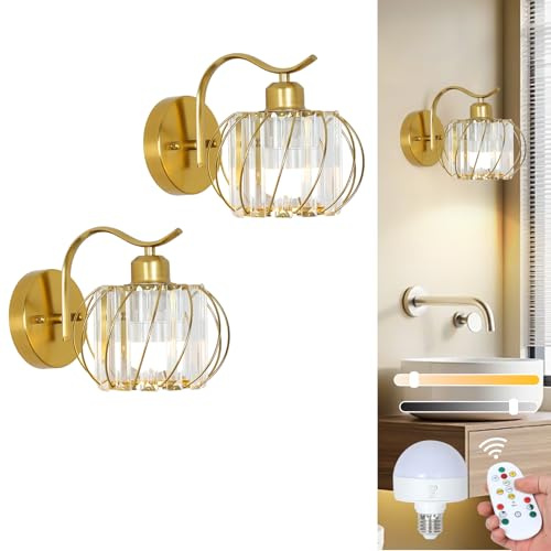 Stepeak Rechargeable Wall Lights Set of 2, Battery Operated Wall Lights with USB Bulb & Remote, Gold Wireless Rechargeable Wall Light with Glass Shade, Glass Battery Operated Wall Sconces for Bedroom