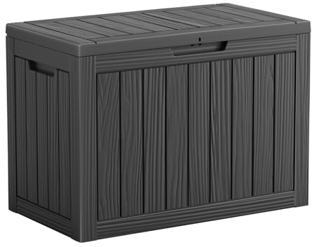 Vidacharmy - Outdoor Garden Storage Box 170L / 45 Gallon, Colour Black and Wood Effect, Water-Resistant Plastic Outdoor Locker with Lockable Lid for Furniture Cushions, Logs, Tools