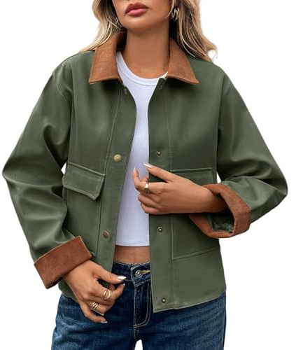 Chaquetas Mujer Cuello Alto Chaqueta Corta Casual Chaqueta Manga Larga Pana Solapa Botón Shacket Abrigo con Bolsillos Sudadera, Amy Green, XS