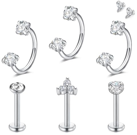 Crdifu 16G 8mm Septum Piercing Set Hufeisen Piercing Nase, 1,2mm Nasenpiercing Ring Innengewinde Nasenring Silber, 6 Stk Helix Piercing Hufeisen Rook Tragus Conch, Lippenpiercing Labret Lippe Stecker