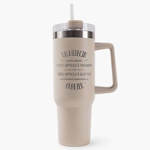 Planetee Mug Isotherme 1,2L - Un Médecin aussi génial – Bouteille avec Anse, Paille et Couvercle – Idée Cadeau Gourde Personnalisée Beige