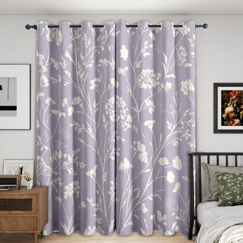 White Purple Floral Curtains Blackout, 46x54 Inch 2 Panels - Farmhouse Flower Pattern Black Out Curtains, Home Decor, 54 Drop Eyelet Window Drapes for Bedroom, Living Room A-D92