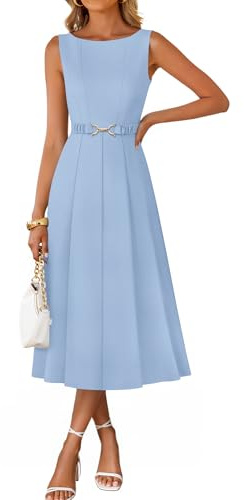 ZESICA Women Summer Sleeveless Midi Dresses 2026 Elegant Boat Neck A Line Tie Waist Spring Cocktail Party Dress Blue Medium