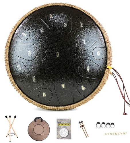 Stahlzungentrommel - 14 Zoll 15 Töne Handpan Instrument Handpan Trommel Für Erwachsene/Kinder Mit Notenbuch, Schlägeln Und Tragetasche, D-Dur-Schlaginstrument(C)