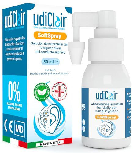Spray Auriculaire Anti Cérumen 50ml - UdiClair SoftSpray Traitement Nettoyant Oreilles pour Bouchon de Cérumen Solution Isotonique à La Camomille Made in Italy - Idéal pour Adultes et Enfants