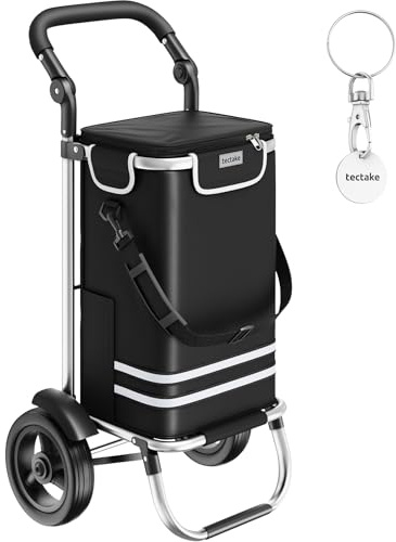 tectake® Shoppingvagn 3-i-1 shopper, hopfällbar dramaten med aluminiumram, rymmer 56 L, kylfack & stor förvaring, justerbart handtag, reflexdetaljer & axelrem, för shopping, resa & vardag - Svart