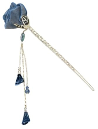 VINTORKY Einfacher Eleganter Haarschmuck Antike Blaue Haarnadel mit Quaste und Rosenmotiv aus Kupferlegierung und Stoff zum Festhalten der Haare für Frauen und Mädchen