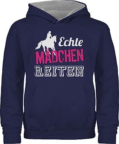 Shirtracer Pullover Kinder Hoodie Jungen - Pferd Pferde - Echte Mädchen reiten - 140 (9/11 Jahre) - Navy Blau/Grau meliert - reitpullover pferdepulli pferdeliebhaber Horses Pulli pferdepullover