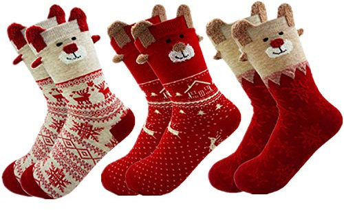 MAKFORT Lot de 3 paires de chaussettes de Noël pour femme en coton chaud hiver Motif renne et flocons de neige - - Taille Unique