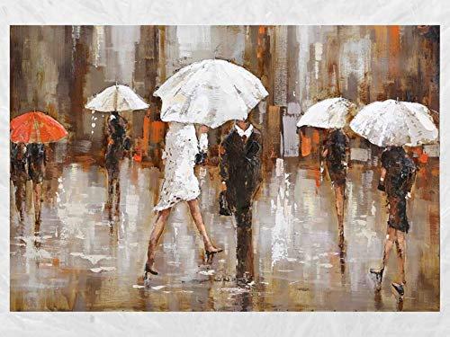 IDYL Metall-Bild mit 3D-Effekt | Moderne Kunst | Stadt bei Regen | Menschen mit Regenschirm| 60 x 150 x 7 cm | 0322