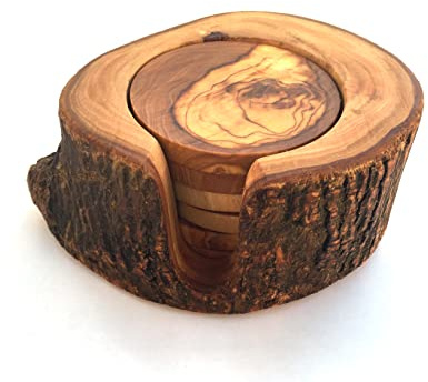 6er Set Untersetzer mit Halterung rustikal Glasuntersetzer Olivenholz Handgemacht 6 Stück Holz-Untersetzer Geschenk