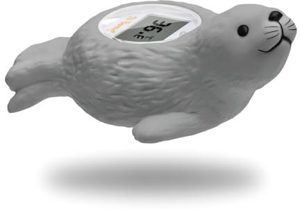 Doli Yearning Thermomètre de bain flottant pour bébé, jouet de bain flottant pour tout-petits, thermomètre de baignoire, à degrés Fahrenheit et Celsius – phoque gris