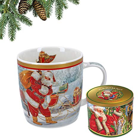 CARMANI - Christmas Collection - Christmas Mug, Festive Porcelain Mug in tin Box - Santa Claus, Christmas Tree - 400ml
