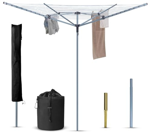 BLADO Rotary Washing Line 4 Arm 60M Washing Line Rotary with Peg Bag Rotary Clothes Lines for Outside, Whirlygig Clothes Airer Outdoor Comes with Cover & Metal Ground Spike (60M)