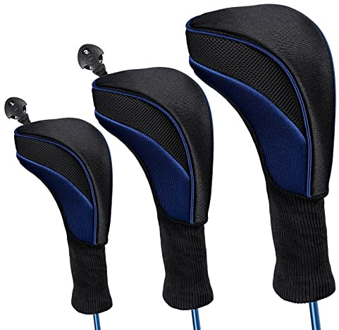 Trendbox Golf Head Cover, 3pc Set Golf Wood Club Headcovers with Interchangeable No. Tag Novelty Durable Protective Case Fit Woods Clubs, Blue