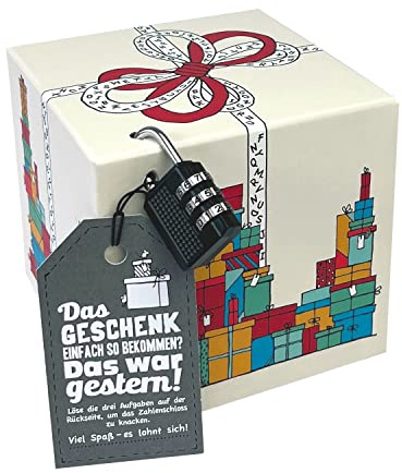 SURPRISA Rätselbox - Geldgeschenke Verpackung, Gutscheine Geburtstag Rätsel | Kleine Geschenkbox mit Schloss, Geschenkkarton aus festem Karton für alle Anlässe, Geschenke-Motiv, farbig, Größe S (12cm)